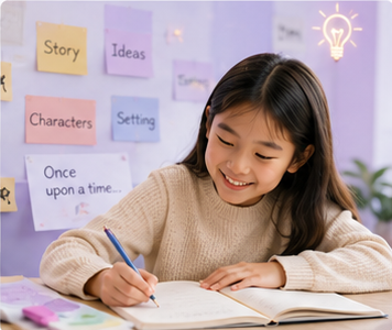 Child writing a story in English
